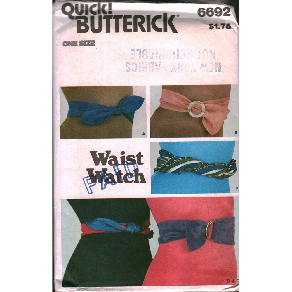 Vintage‎ Butterick 6692 Sewing Pattern Waist Belts One Size Accessory DIY 1980s